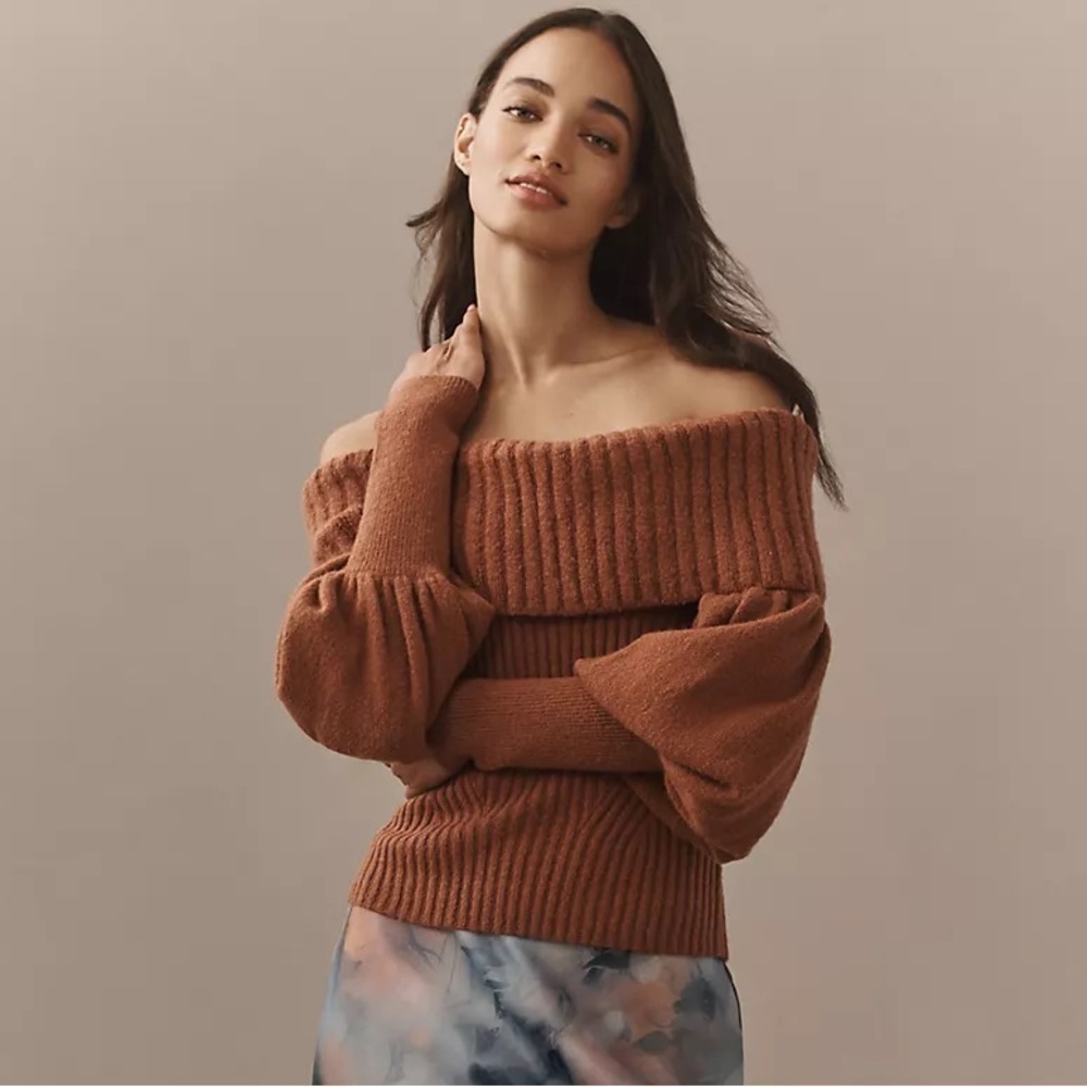 NWT! Anthropologie Mauve The Tessa Off-The-Shoulder Puff-Sleeve Sweater - 🍬🐌🪞